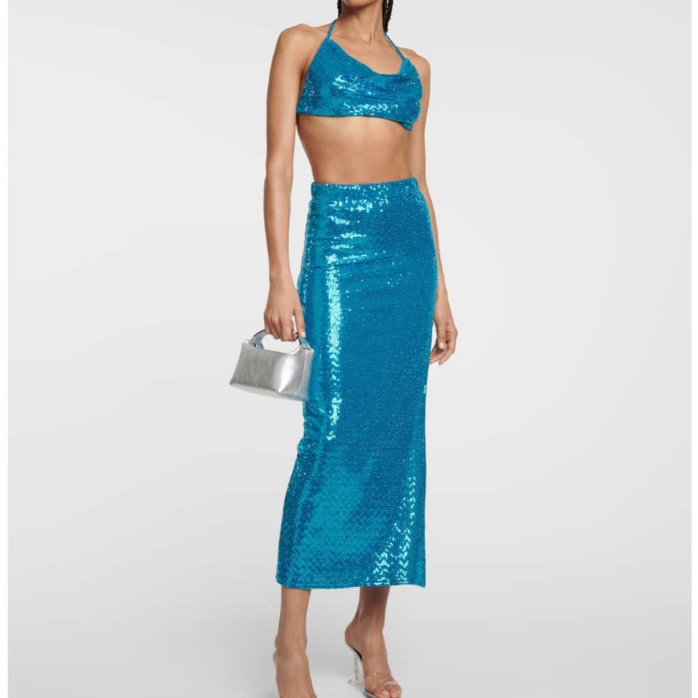 Dodo Bar Or Sequined halterneck bralette and midi skirt Turquoise